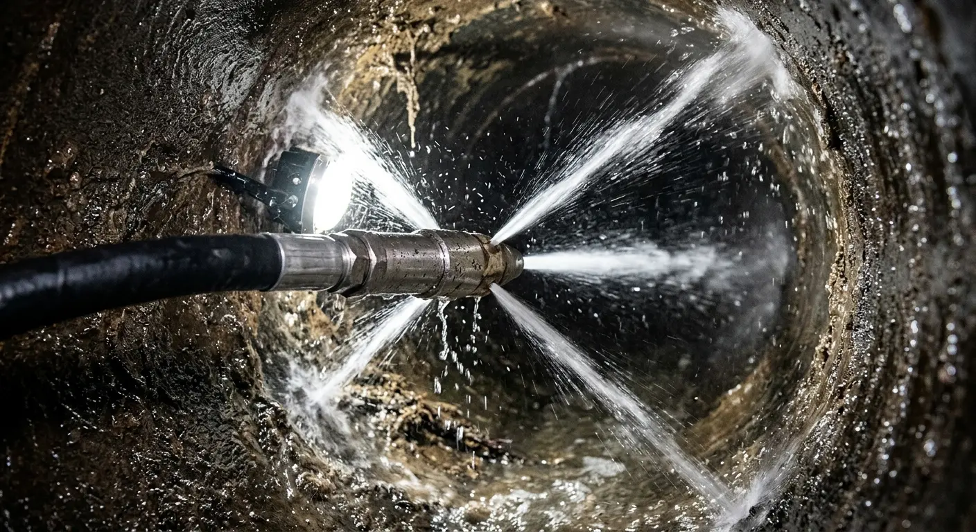High-pressure hydro jetting nozzle cleaning sewer pipe for Sewer Cleanout in Bonney Lake
