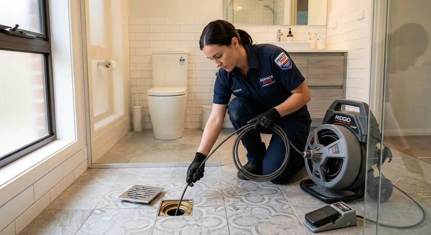 Technician clearing a bathroom floor drain for Drain Repair in Bonney Lake
